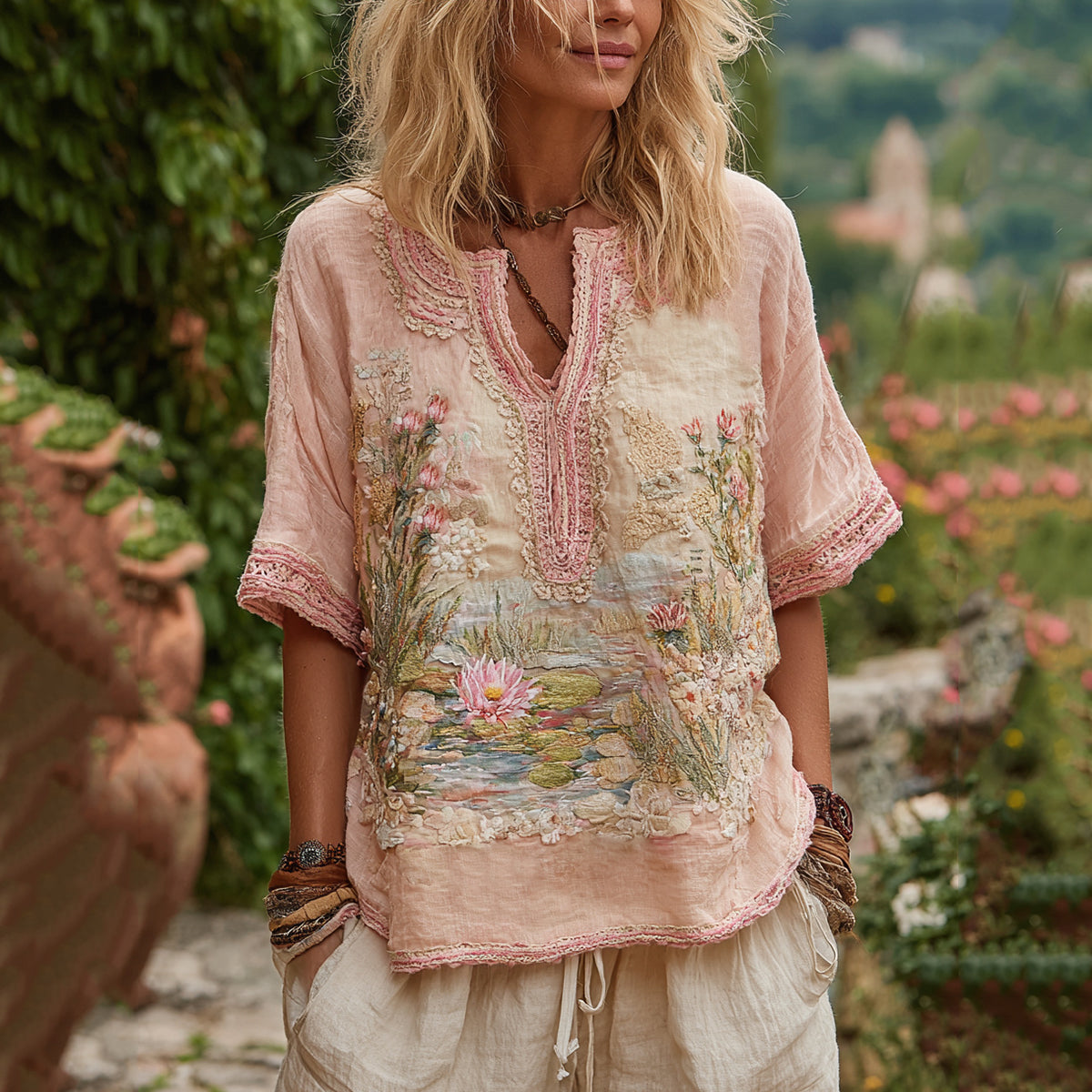 Women's Oil Painting Water Lily Embroidery Comfy Shirt elevenforest