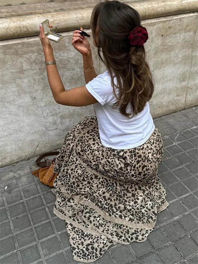 Leopard Printed Maxi Skirt Female Ruffled Patchwork Summer High Waist Bandage Party Looks Long Skirt