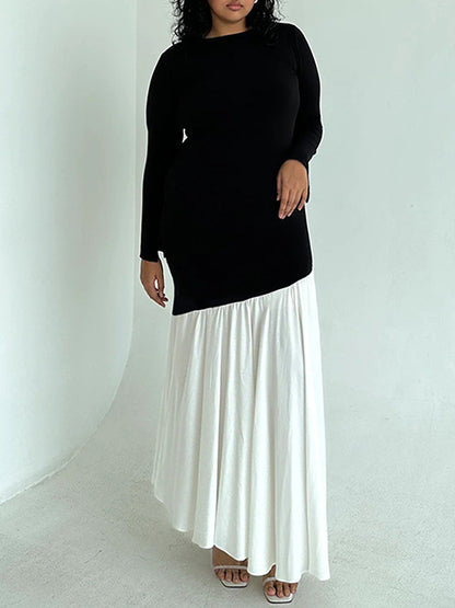 Bodycon High Waisted Contrast Color Pleated Split-joint Round-neck Maxi Dresses