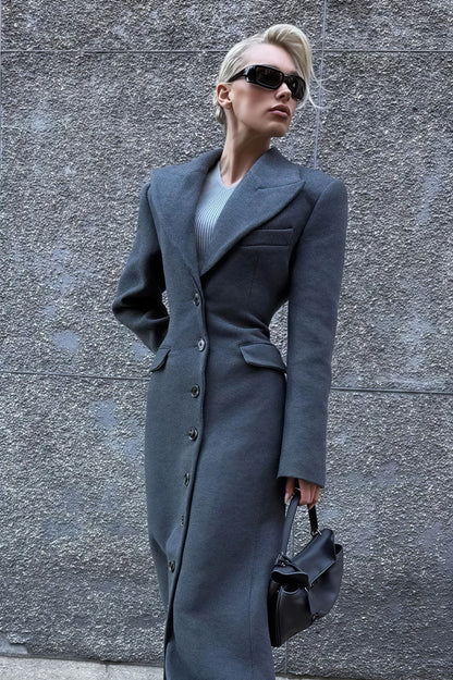 Wool Blend Lapel High Waist Long Overcoat