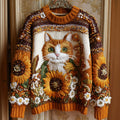 Comstylish Women's Vintage Halloween Sunflower And Cat Embroidered Sweater