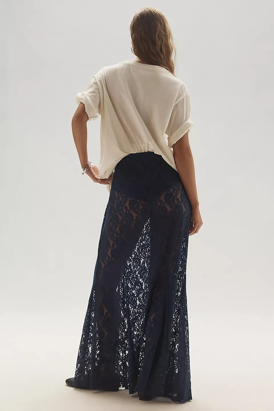 Sheer Embroidered Lace Maxi Skirt