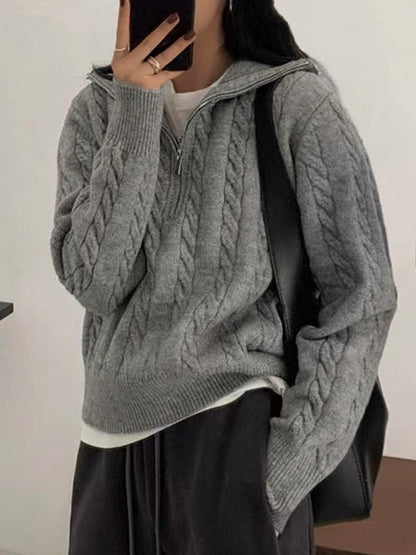 Color Lapel Neck Cable Half Zip Knit Sweater