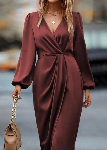 Red Draped V-neck Midi Dress