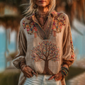 Women's Vintage Viking Tree Of Life Embroidered Lapel Shirt elevenforest