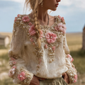 Bohemian Style Round Neck Long Sleeve 3d Floral Design Women's Sweater artswardrobe