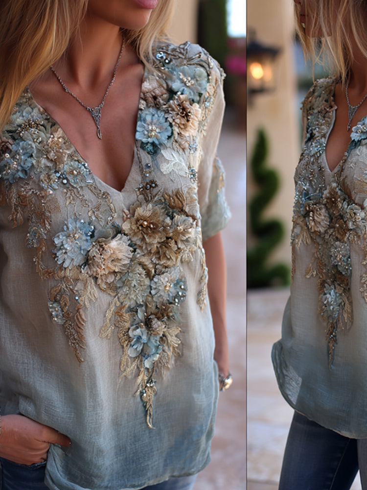 Bohemian Sky Blue Romantic Tie-dye Floral V-neck Short-sleeved Shirt elevenforest