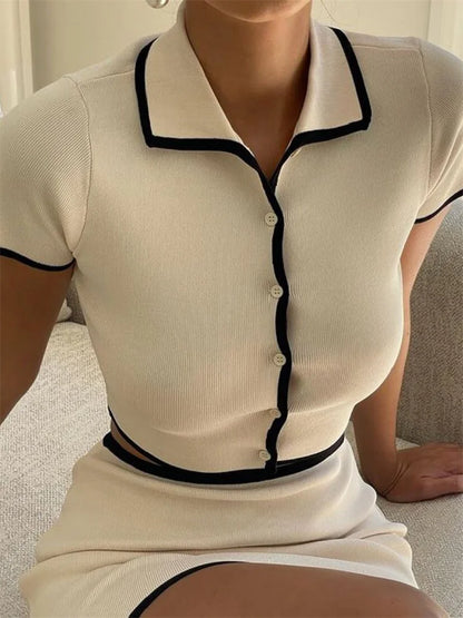 Knit Sweater 2 Piece-set Lapel Cropped Short Sleeve Cardigan and Mini Skirt Sets Female Knitwear Short Skirt Outfits