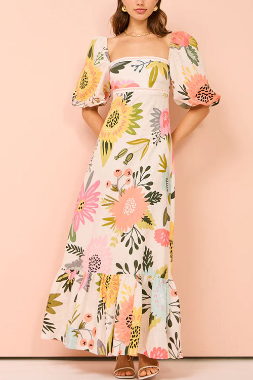 Moxidress Square Collar Puff Sleeves Print Cotton Linen Ruffle Maxi Dress