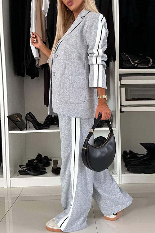 Moxidress Patchwork Notch Lapel Pocketed Blazer Elastic Waist Wide Leg Pants Set