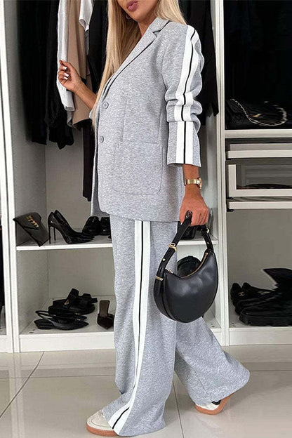 Patchwork Notch Lapel Pocketed Blazer Elastic Waist Wide Leg Pants Set