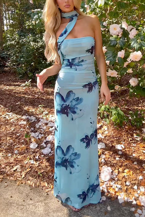 Strapless Print Mesh Bodycon Maxi Dress