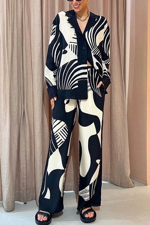 Moxidress Graphic Printed Long Sleeve Blouse Shirt Wide Leg Pants 2 Pieces Set