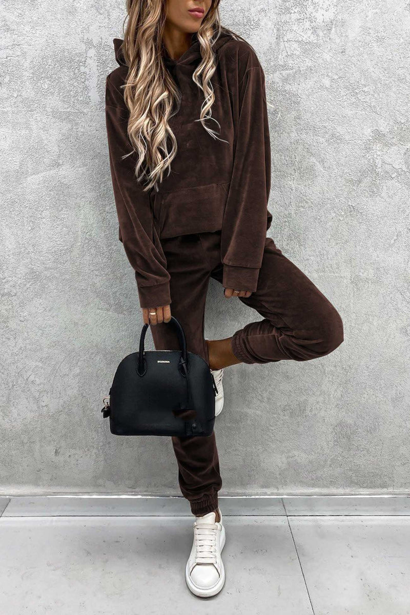 Velour Color Hoodie Long Pants Set