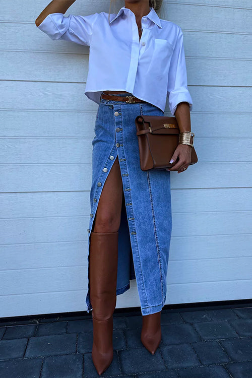 Moxidress High Rise Button Down Slit Denim Skirt