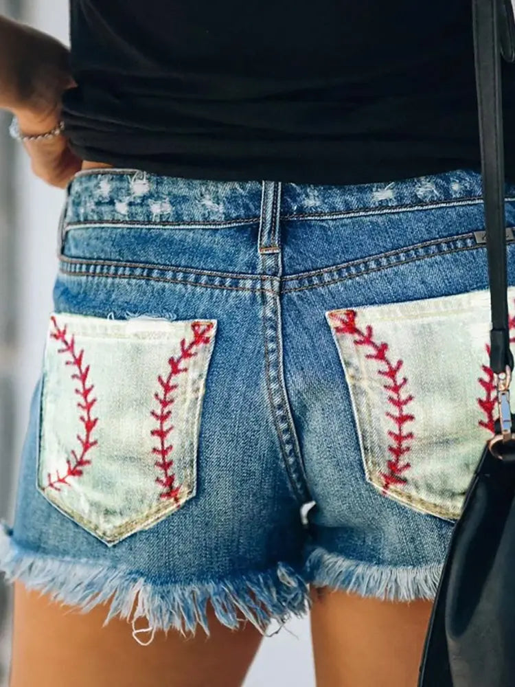 Printed Slim-fit Distressed Button-up Denim Shorts