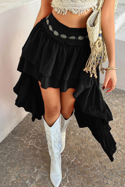 Color High Rise High-low Tiered Skirt