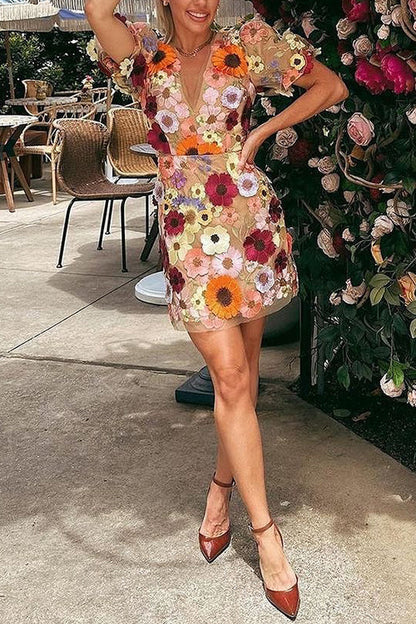 V Neck Puff Sleeves Embroidered Mini Dress