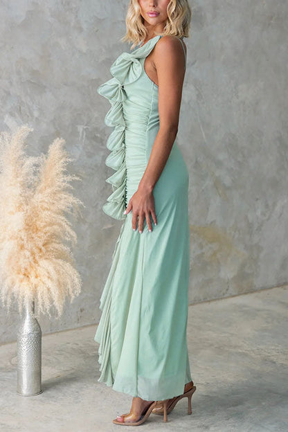Moxidress One Shoulder Slit Ruched Ruffle Mesh Maxi Dress