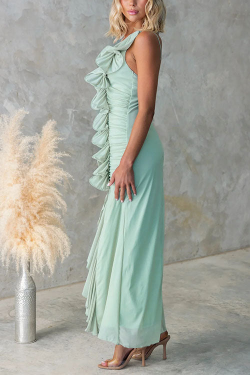 Moxidress One Shoulder Slit Ruffle Mesh Maxi Dress