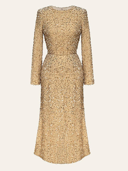 Sequin Decorated Velvet Midi Dress in Beige