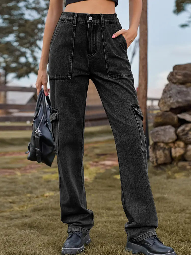 Washed Semi-elastic Denim Cargo Pants