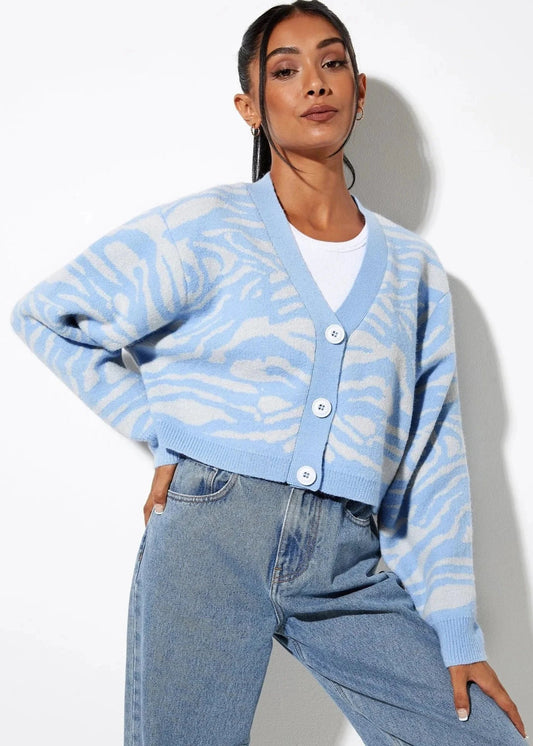 Sky Blue Zebra Print Knit Cardigan - Soft Button-up Sweater