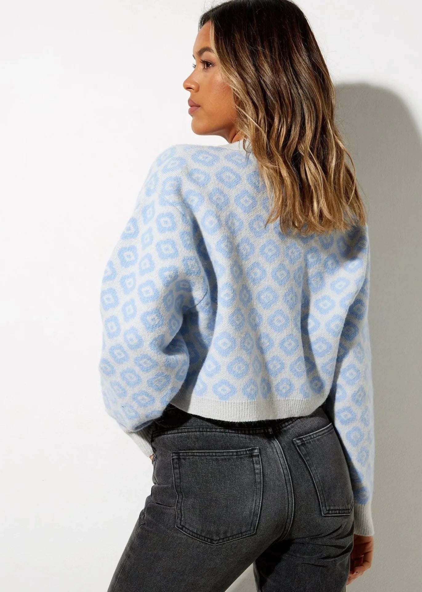 Sky Blue Zebra Print Knit Cardigan - Soft Button-up Sweater