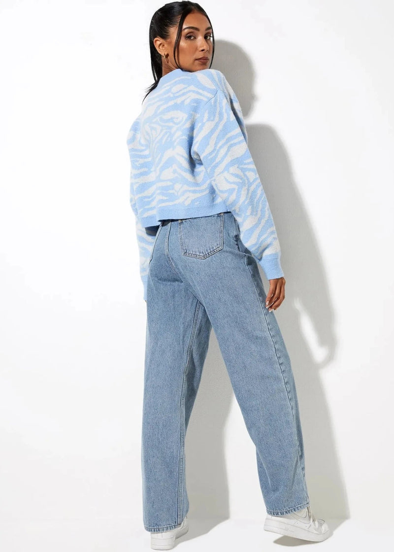 Sky Blue Zebra Print Knit Cardigan - Soft Button-up Sweater
