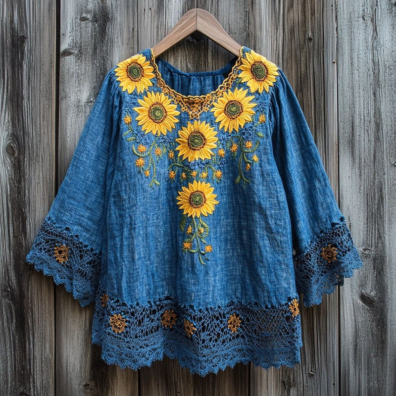 Women's Sunflower Embroidered Lace Patchwork Linen Blend Shirt1 elevenforest