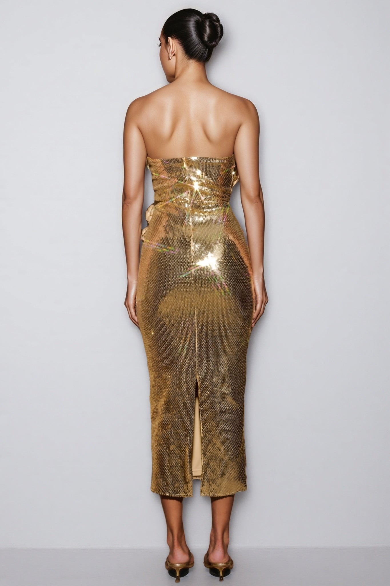 Zoefe Strapless Sequin Rose Midi Dress