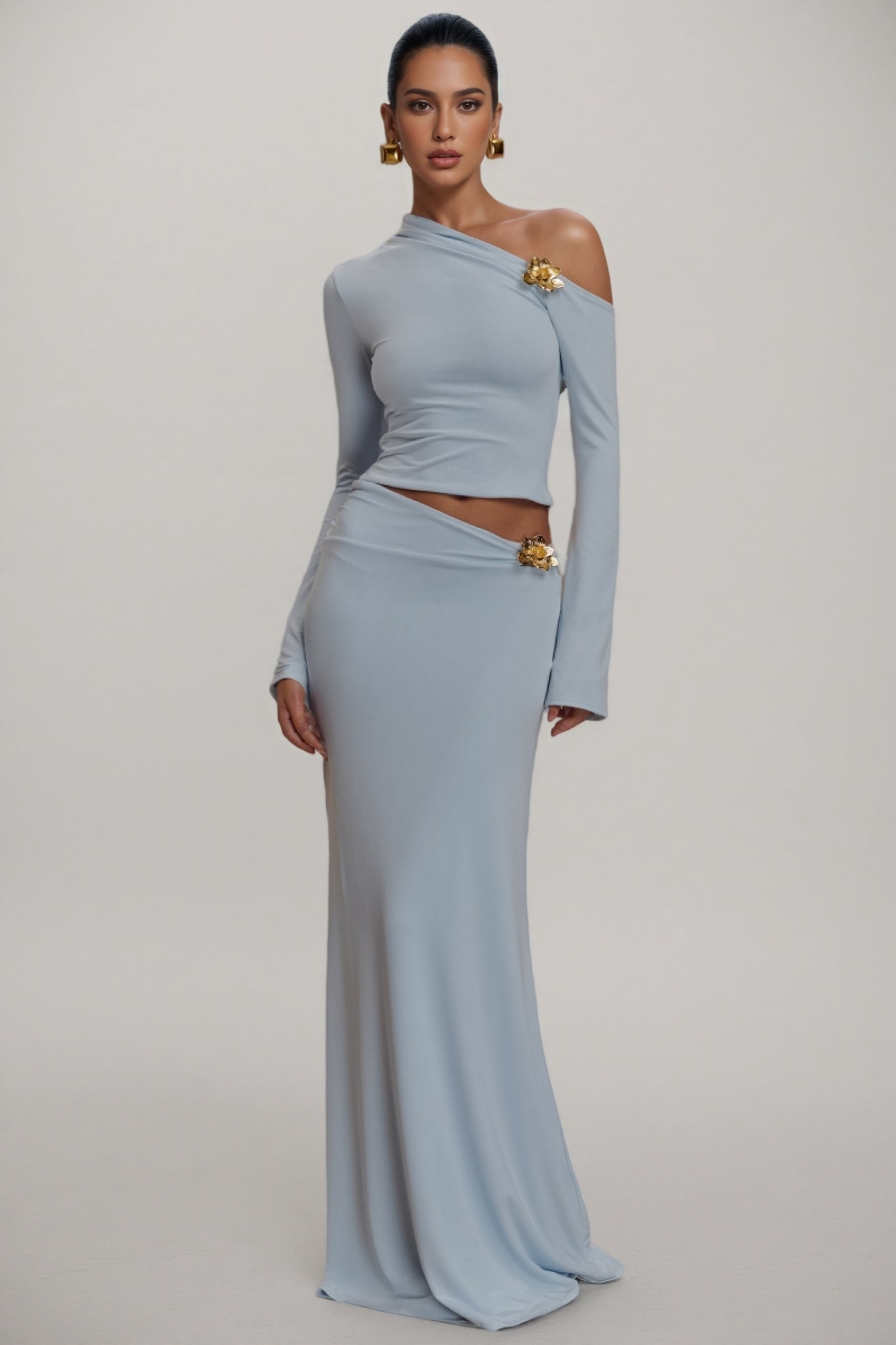 Scarle Blue 3d Flower Maxi Dress Set