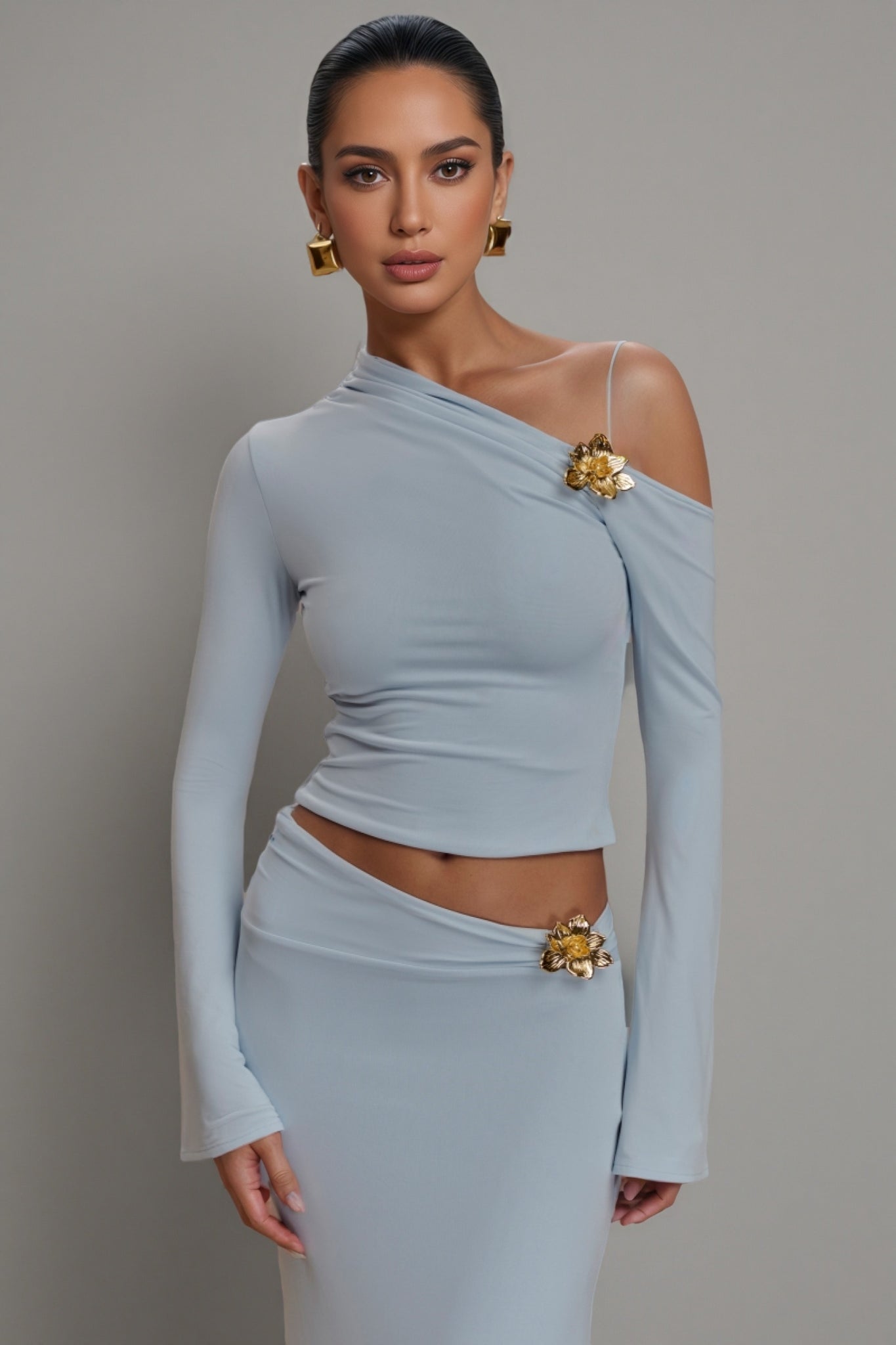 Scarle Blue 3d Flower Maxi Dress Set