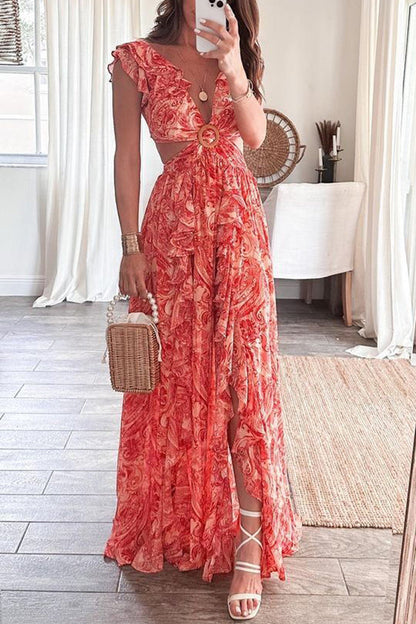 Boldest Bloom Printed Ruffle Sleeve Cutout Maxi Dress