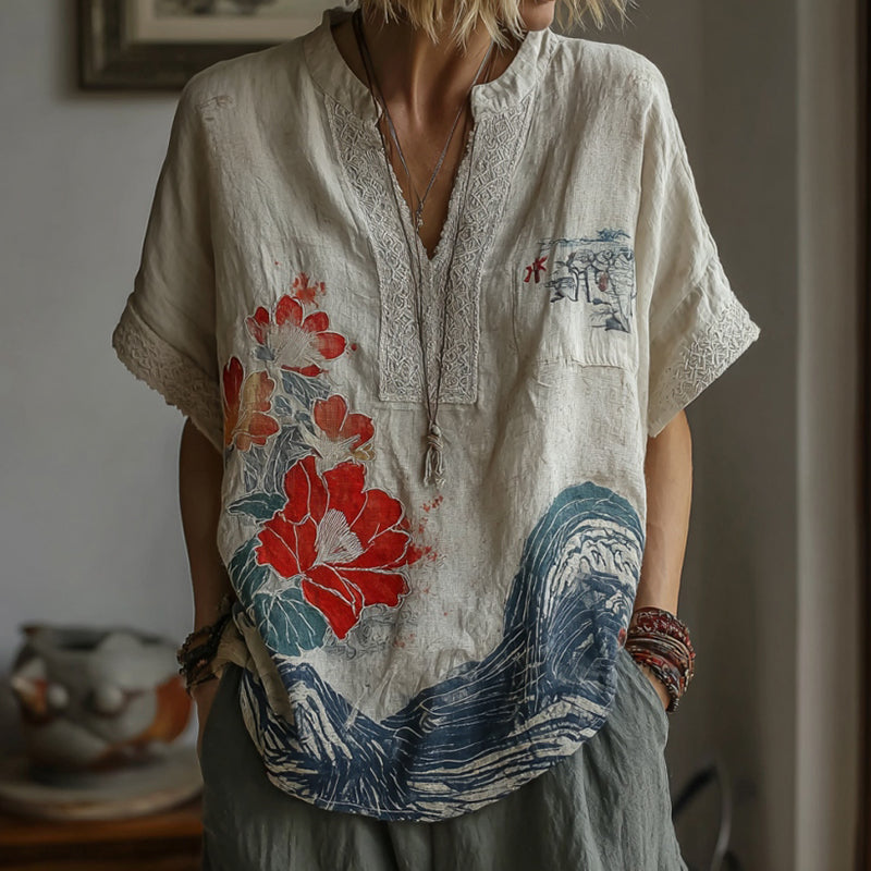 Vintage Japanese Art Lotus Pattern Linen Comfy Shirt elevenforest