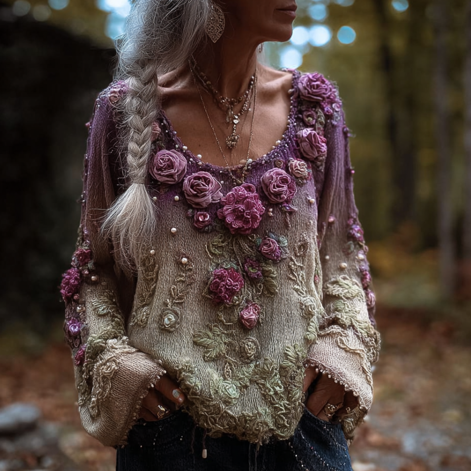 Bohemian Style Round Neck Long Sleeve 3d Purple Flower Design Women's Sweater elevenforest