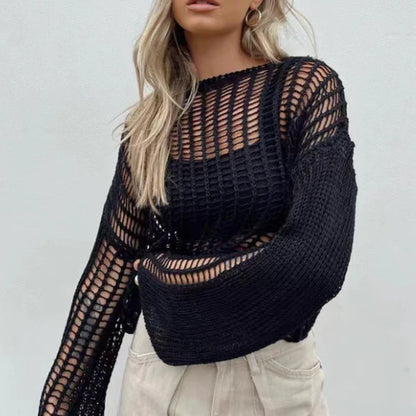 Hollow Out Pullover Pullover Oversize Kniited Long Sleeve Sweater Femme Beach Knitwear Cover-up