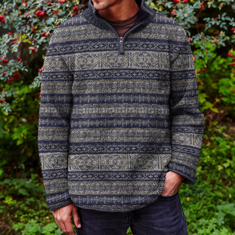 Mens Vintage Fair Isle Knitted Jacquard Stand Collar Zipper Sweater elevenforest