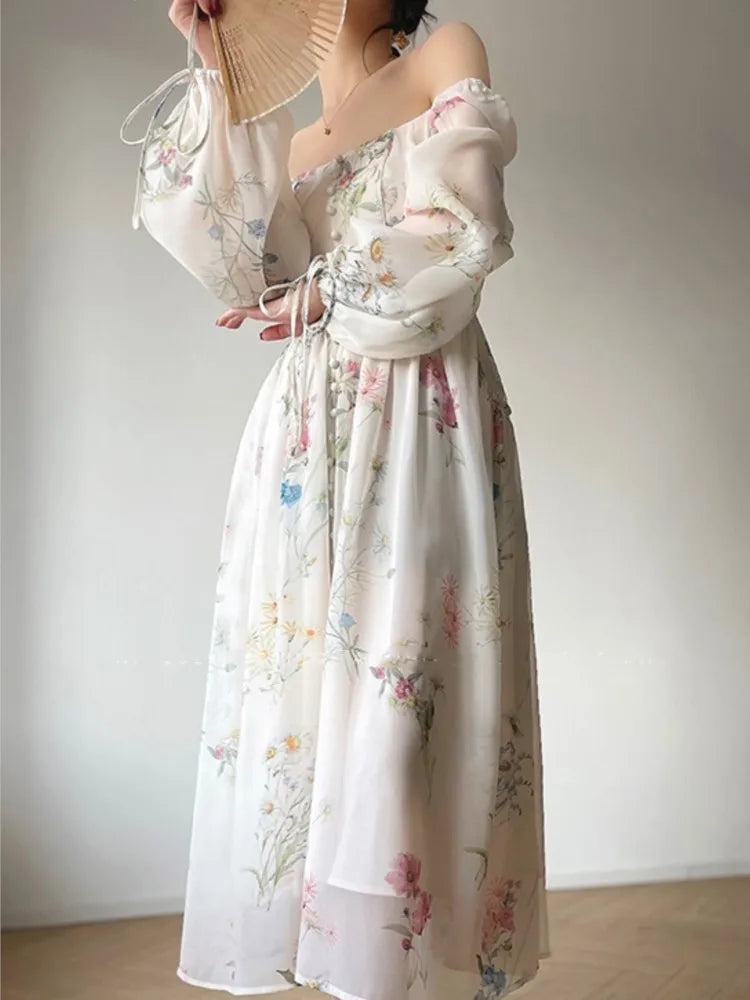 French Vinatge Evening Party Long Dresses for A-line Princess Dress Lantern Sleeve Spring Summer Prom Robe Vestidos