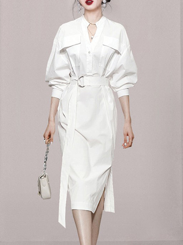 Long Sleeves Loose See-through Split-joint Split-side Tied Waist V-neck Midi Dresses Shirt Dress