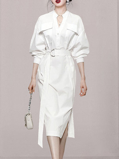 Long Sleeves Loose See-through Split-joint Split-side Tied Waist V-neck Midi Dresses Shirt Dress