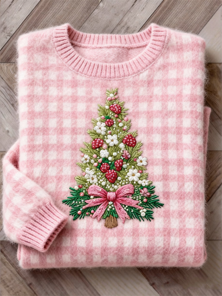 Comstylish Cottage Berry Floral Christmas Tree Embroidered Check Cozy Sweater