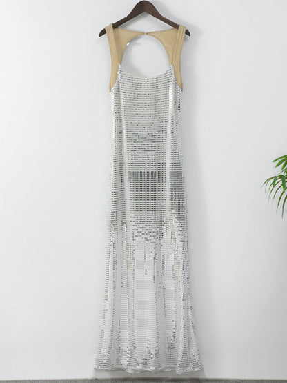 Bodycon Sleeveless See-through Shiny Split-joint Spaghetti-neck Evening Dresses Maxi Dresses