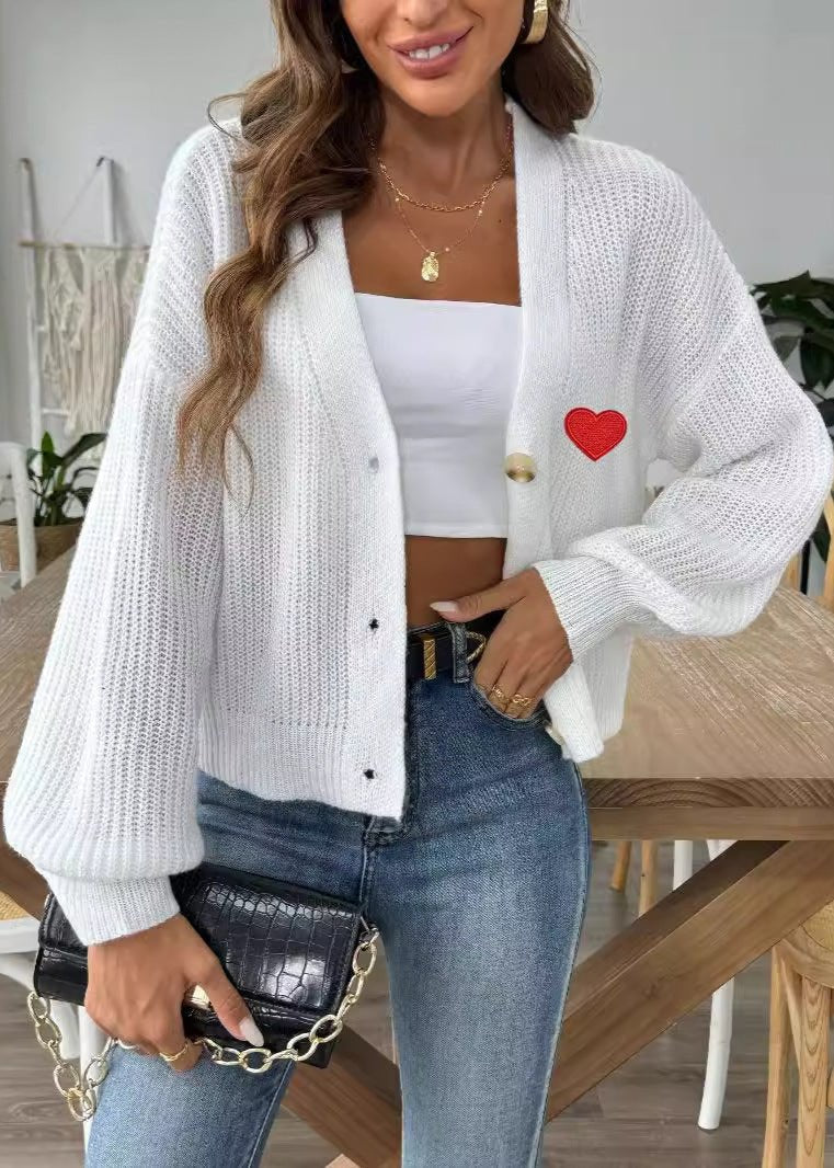 Heart Embroidered Button-up Knit Cardigan
