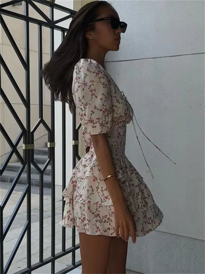 V-neck Printed Bandage Mini Dress for Short Sleeve Slim Summer High Waist Lace-up Dress Party Dress New