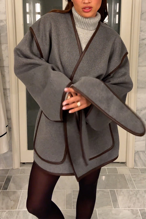 Open Front Pocketed Splice Coat With Belt