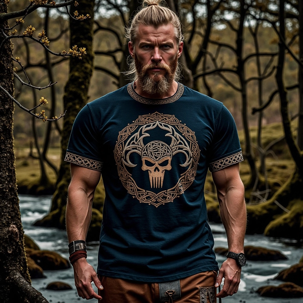 Men's Vintage Viking Skull Rune Print T-shirt elevenforest