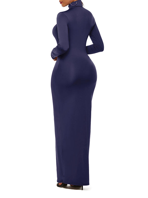 Bodycon Long Sleeves Color High Neck Maxi Dresses