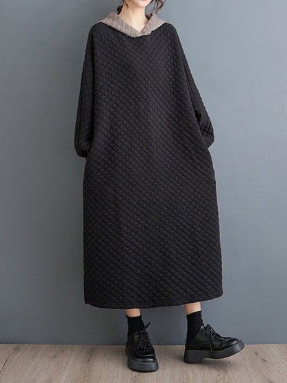 A-line Long Sleeves Hooded Quilted Split-side Midi Dresses