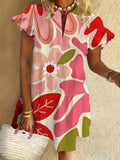 Vintage Flower Art Print Ruffled Short-sleeved V-neck Buttoned Dress Vacation Beach Dress